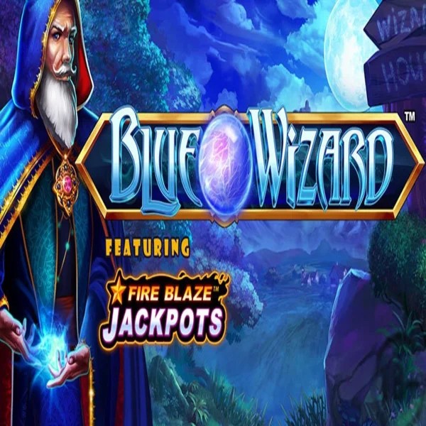 Blue Wizard Fire Blaze Jackpots online game logo by Rarestone Gaming on sslotrave.com